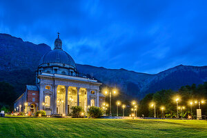  Illuminated pilgrimage church of Oropa, Basilica superiore, UNESCO World Heritage Site Sacri Monti, Biella, Alpi Biellesi, Valais Alps, Piedmont, Italy 