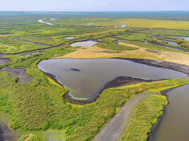 Luftaufnahme des Reserve Pierre Constant bei St-Malo-de-Guersac im Parc Regional de Briere auf der Halbinsel Guérande, Côte d'Amour, Pays de la Loire, Loire-Atlantique, Bretagne, Frankreich
