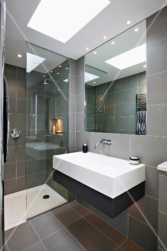 Designer Bathroom With Gray Tiles And License Images