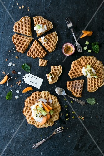 Gluten-free waffles with pistachios and fruits